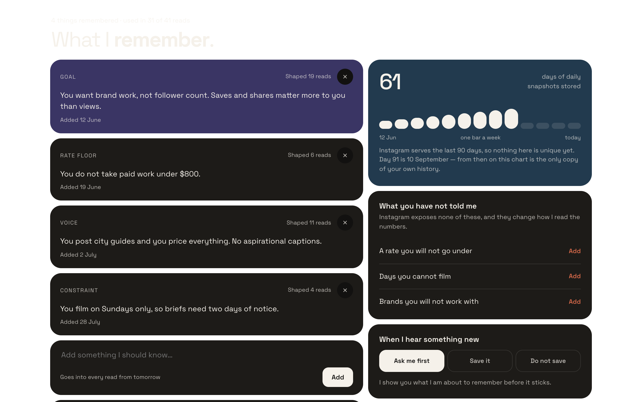 The Memory screen in the Colecta web app