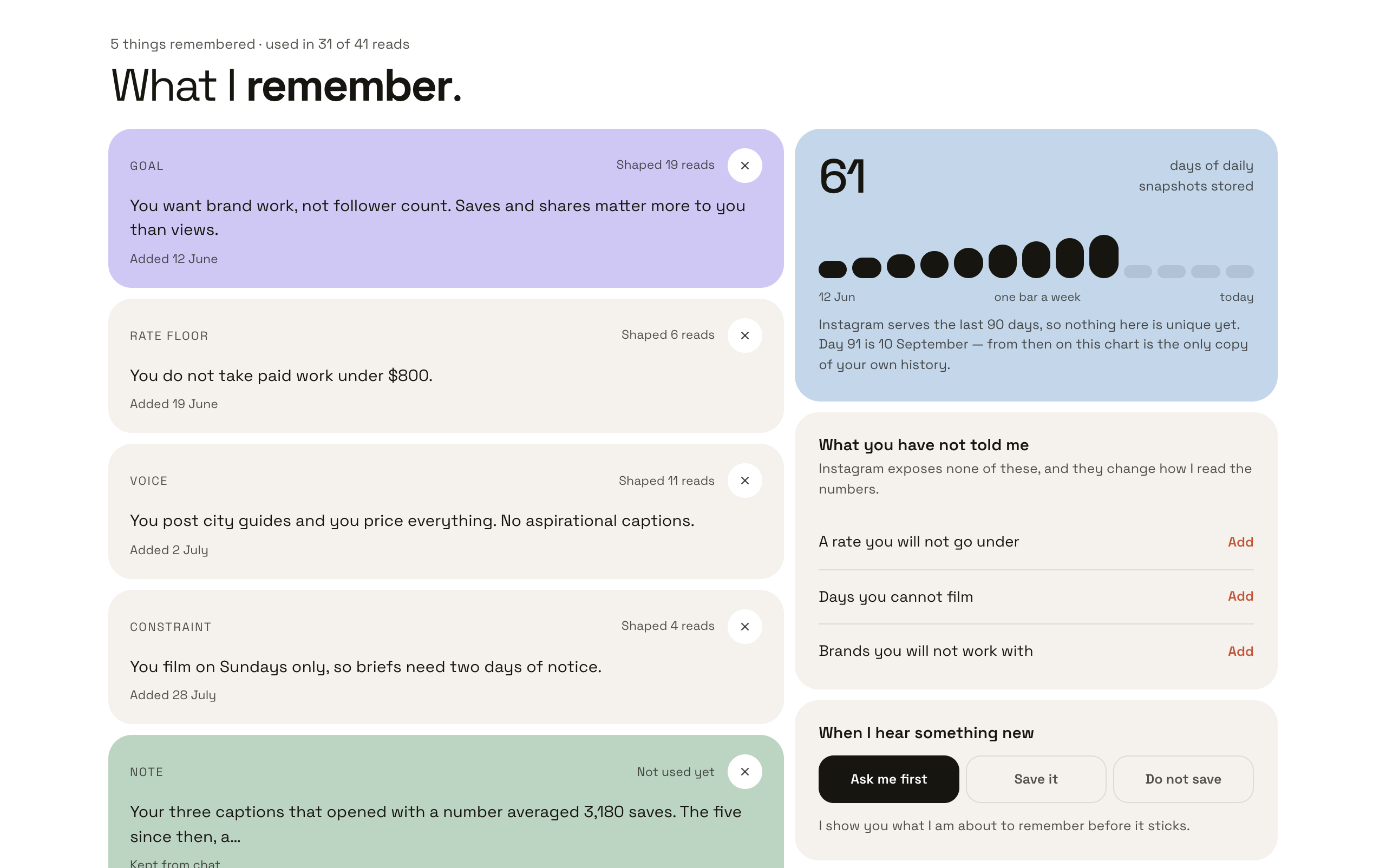 The Memory screen in the Colecta web app