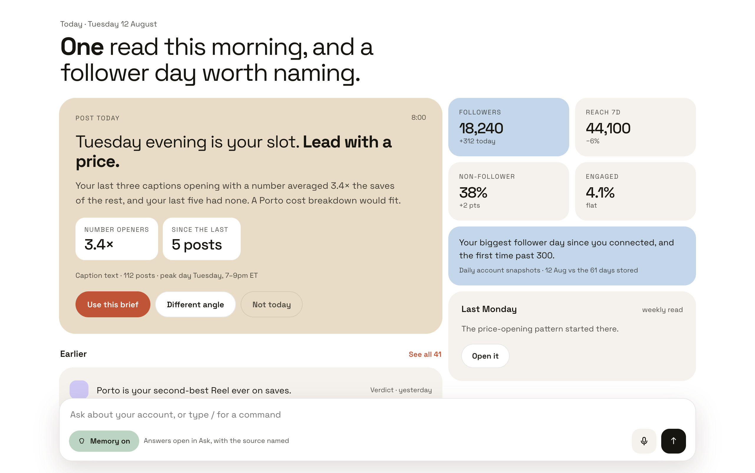 The Today canvas in the Colecta web app
